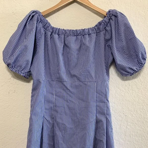J. ING Off-Shoulder Gingham Blue Midi Fit & Flare Dress NWT Womens Size Large - Picture 2 of 14